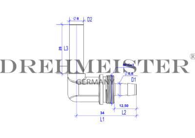 Technische Zeichnung von einem 8mm DREHMEISTER 90° Winkelstück Rohrstutzen für eine 8mm Flexleitung