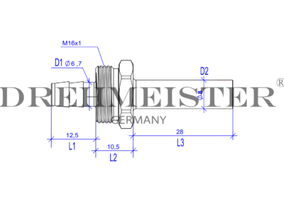 Technische Zeichnung von einem DREHMEISTER 6mm Rohrstutzen für eine 8mm Flexleitung